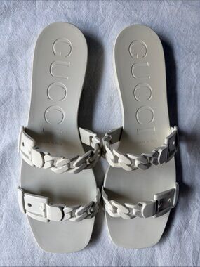 Gucci White Chain-Link Double Strap Slide Sandals